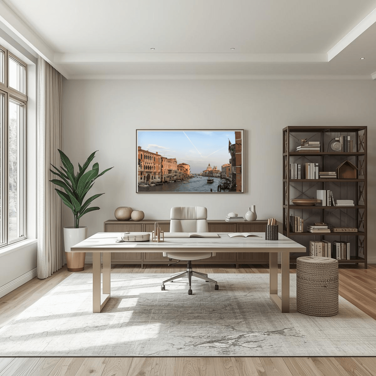 A modern home office interior featuring a large framed art print of a Venice canal scene hanging on the wall above a light wood desk and office chair.