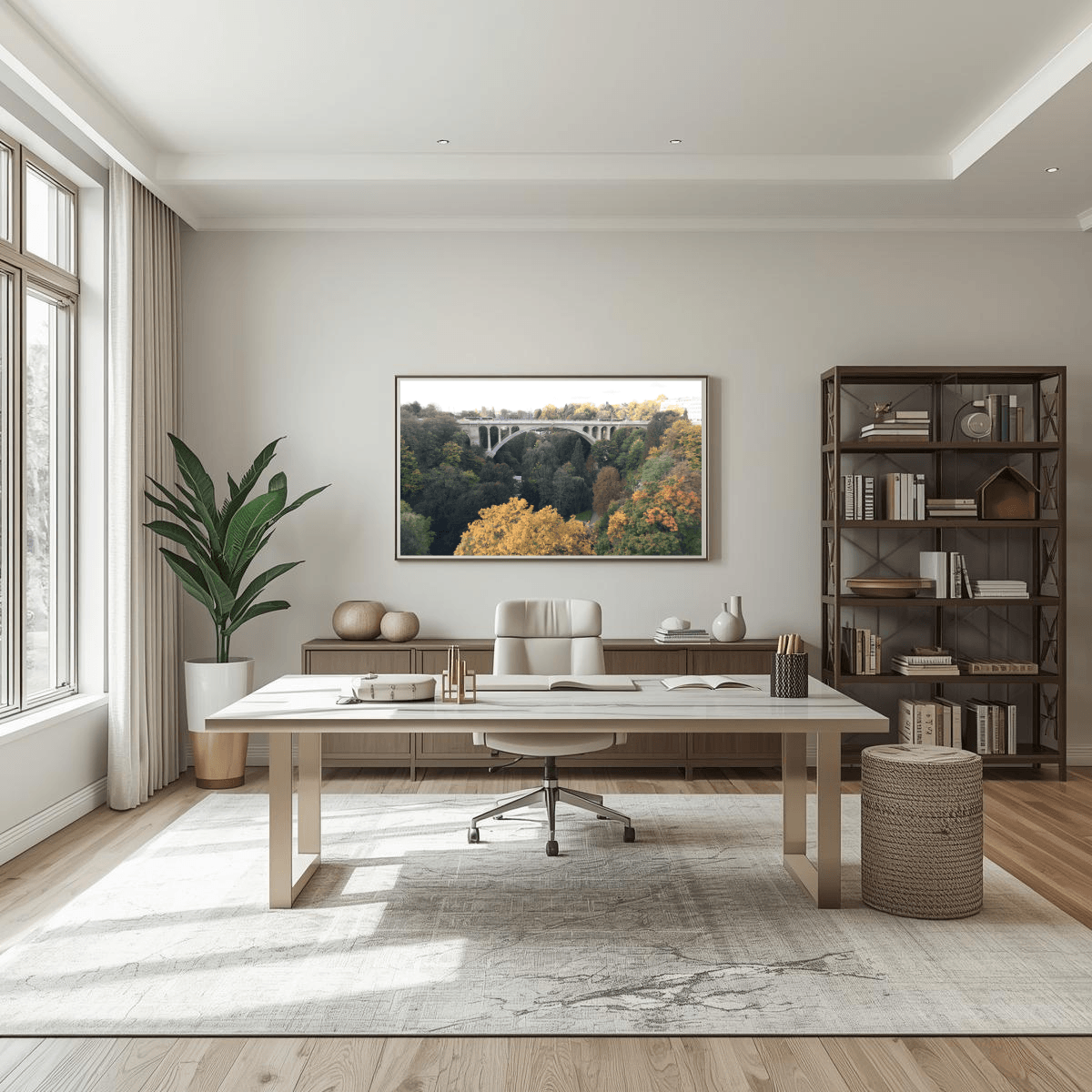 A modern home office interior featuring a large rectangular wooden desk centered on a light rug, with a white office chair, a tall potted plant, a dark wood shelving unit, and a framed landscape print on the wall featuring Luxembourg's Adolphe bridge.