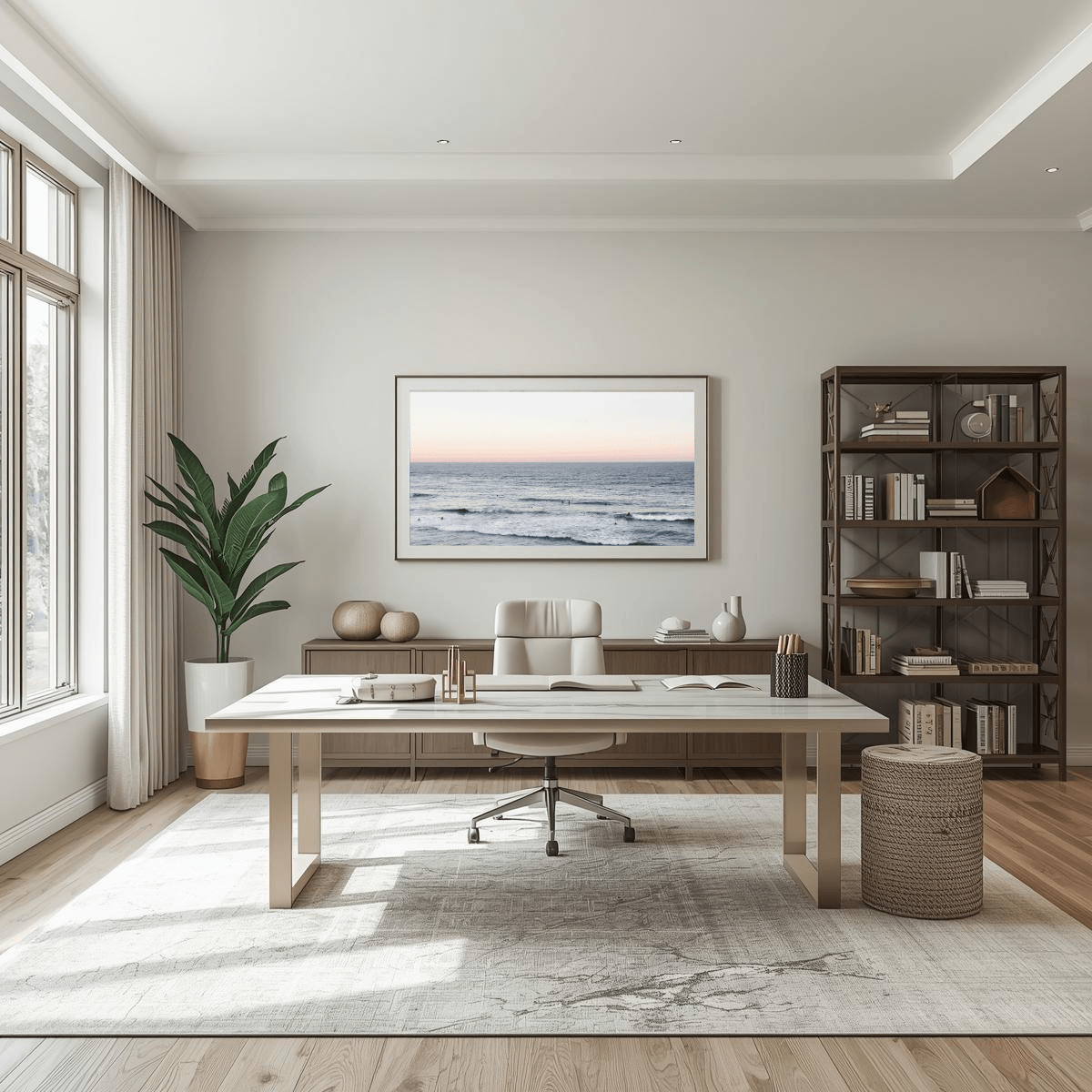 A modern home office interior featuring a light wood desk, a white office chair, a dark wood bookshelf, a potted plant, and a large framed ocean landscape print on the wall featuring the iconic Bondi Beach in Sydney, Australia with a few swimmers capturing the soft light of sunset.