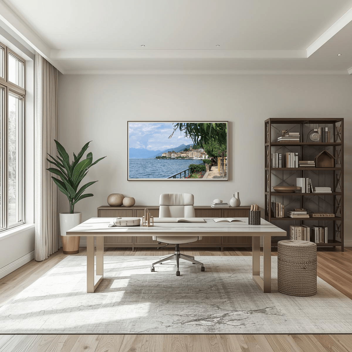A large framed landscape art print depicting a scenic  Lake Como town by the sea, displayed on a neutral wall in a modern, sunlit home office with a wooden desk, office chair, and bookshelves.