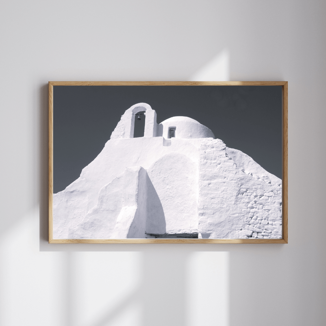 Forms of the island fine art travel photography black and white print featuring the curves and angles of whitewashed buildings in Mykonos 