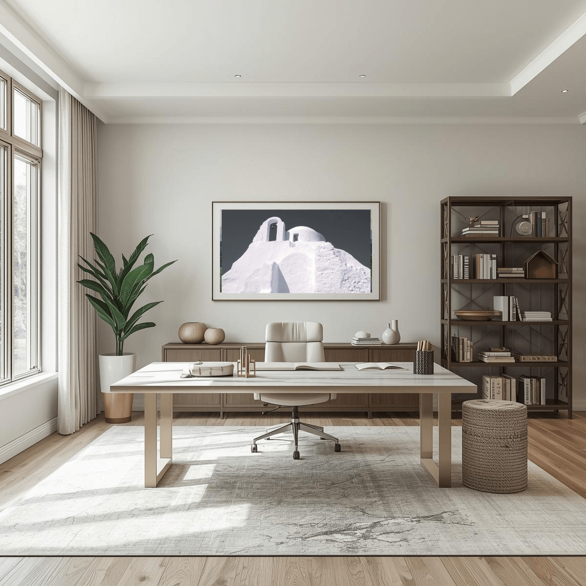 A modern, minimalist home office featuring a light wood writing desk, a white swivel office chair, a dark wood bookshelf, and a large framed black-and-white art print of a Santorini-style whitewashed buildings in Mykonos, on the wall.