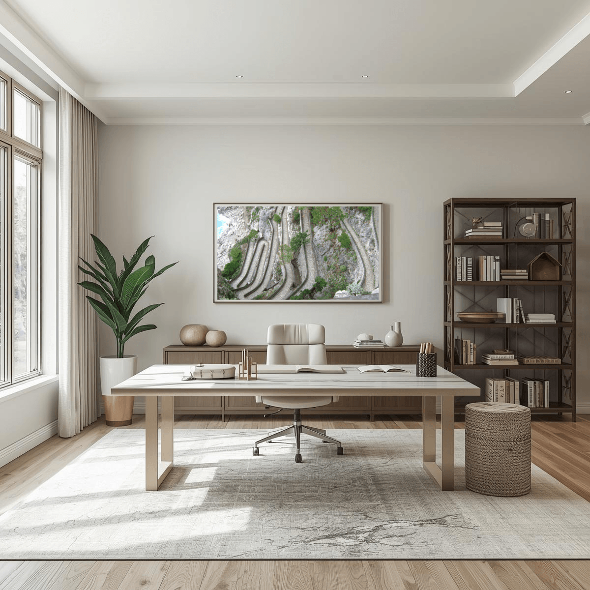 A modern home office interior featuring a light wood desk as the central furniture piece, styled with a white office chair, a large potted plant, a dark wood bookshelf, and a framed abstract landscape print on the wall featuring Via Krupp's winding carved path.