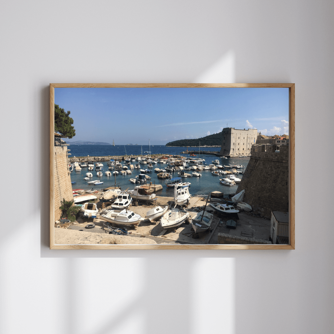 Moored in Dubrovnik fine art travel photography print featuring moored boats in a quiet marina in Dubrovnik, Croatia