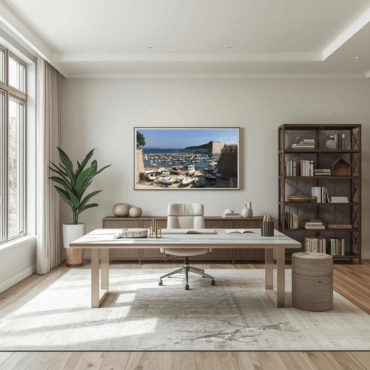 A modern home office interior featuring a light wood writing desk centered on a large white and gray rug, with a white office chair underneath. A framed coastal landscape print hangs on the wall above the desk.