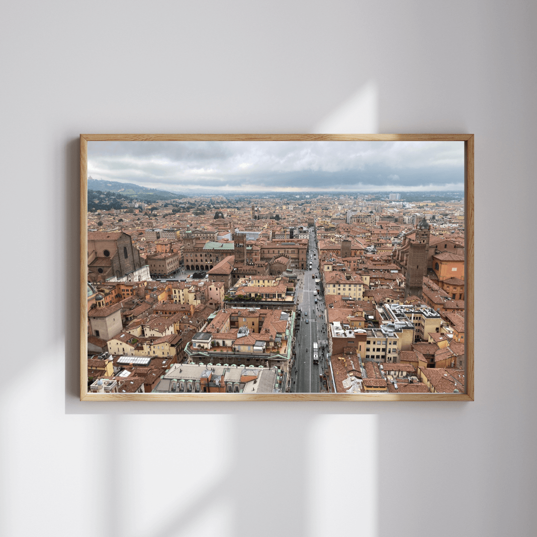 Panoramic Red City fine art travel photography print featuring a panoramic view of Bologna, Italy from the top of Le Due Torre