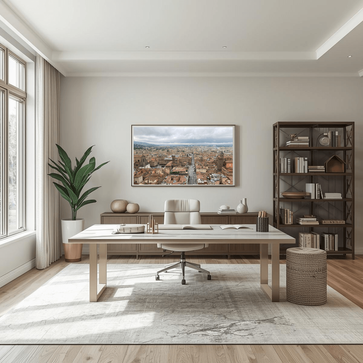 A large framed art print depicting a panoramic view of Bologna hangs on a light beige wall in a modern, sunlit home office. The room features a light wood desk, a white office chair, a dark wood bookshelf, and a large potted plant on a light gray rug.