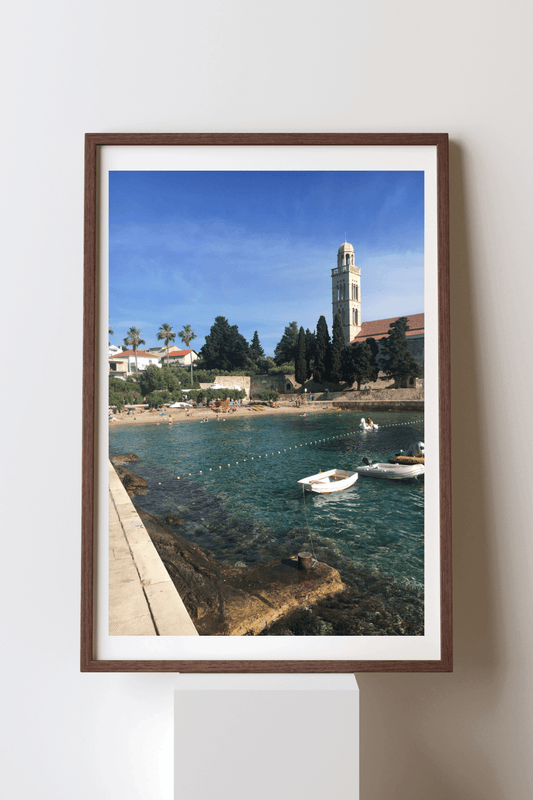 Sacred shores of Hvar fine art travel photography print featuring a beachside monastery in Hvar, Croatia