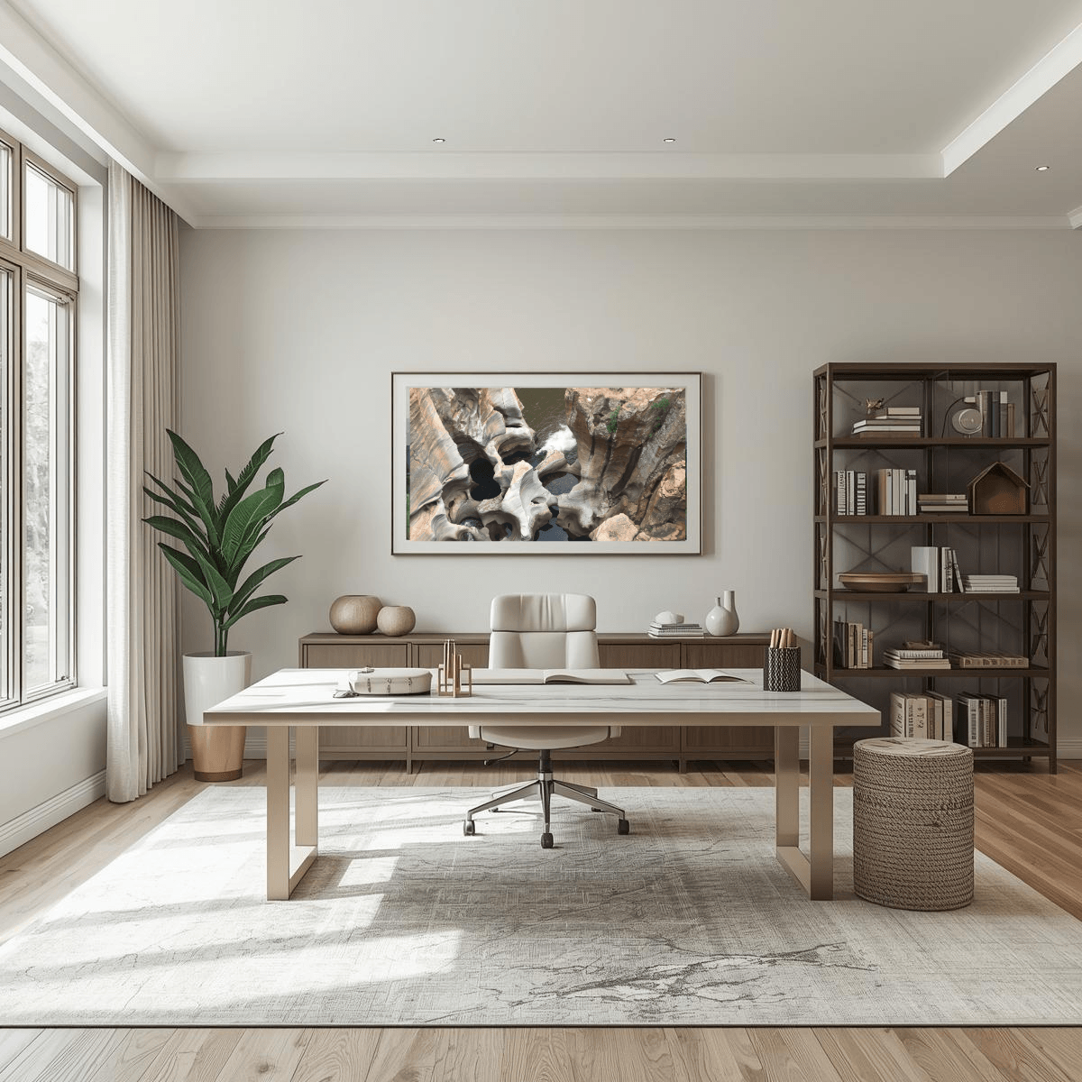 A modern home office interior featuring a light wood desk as the central furniture piece, styled with a white office chair, a gray rug, a potted plant, a dark wood shelving unit, and a framed landscape print on the wall featuring the natural wonder of sculpted rock formations in Bourke's Potholes, South Africa.
