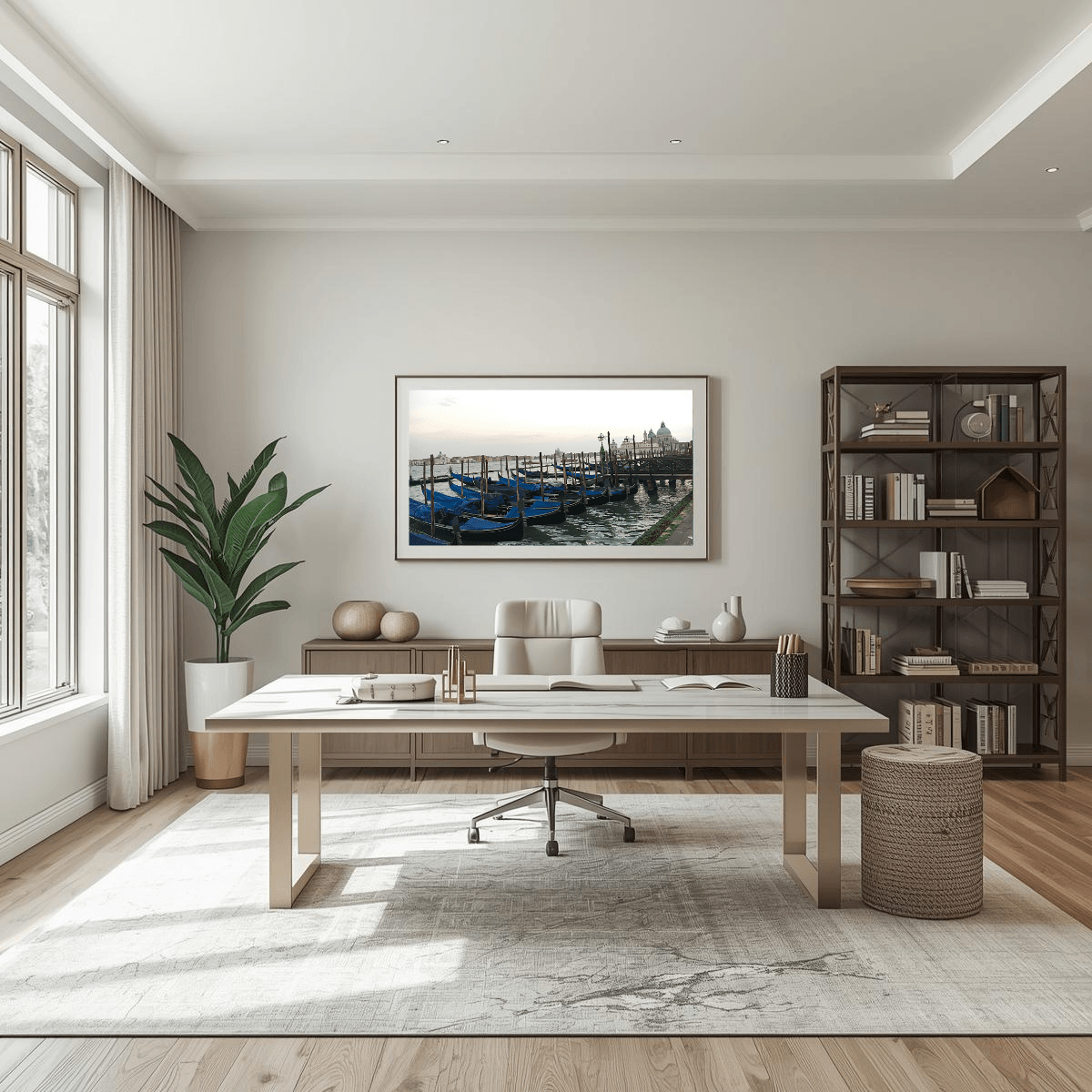 A modern home office interior featuring a large white wooden desk as the central furniture piece, styled with a white swivel chair, a gray area rug, a potted green plant, a dark wood bookshelf, and a framed horizontal art print depicting blue gondolas on Venice's canal.
