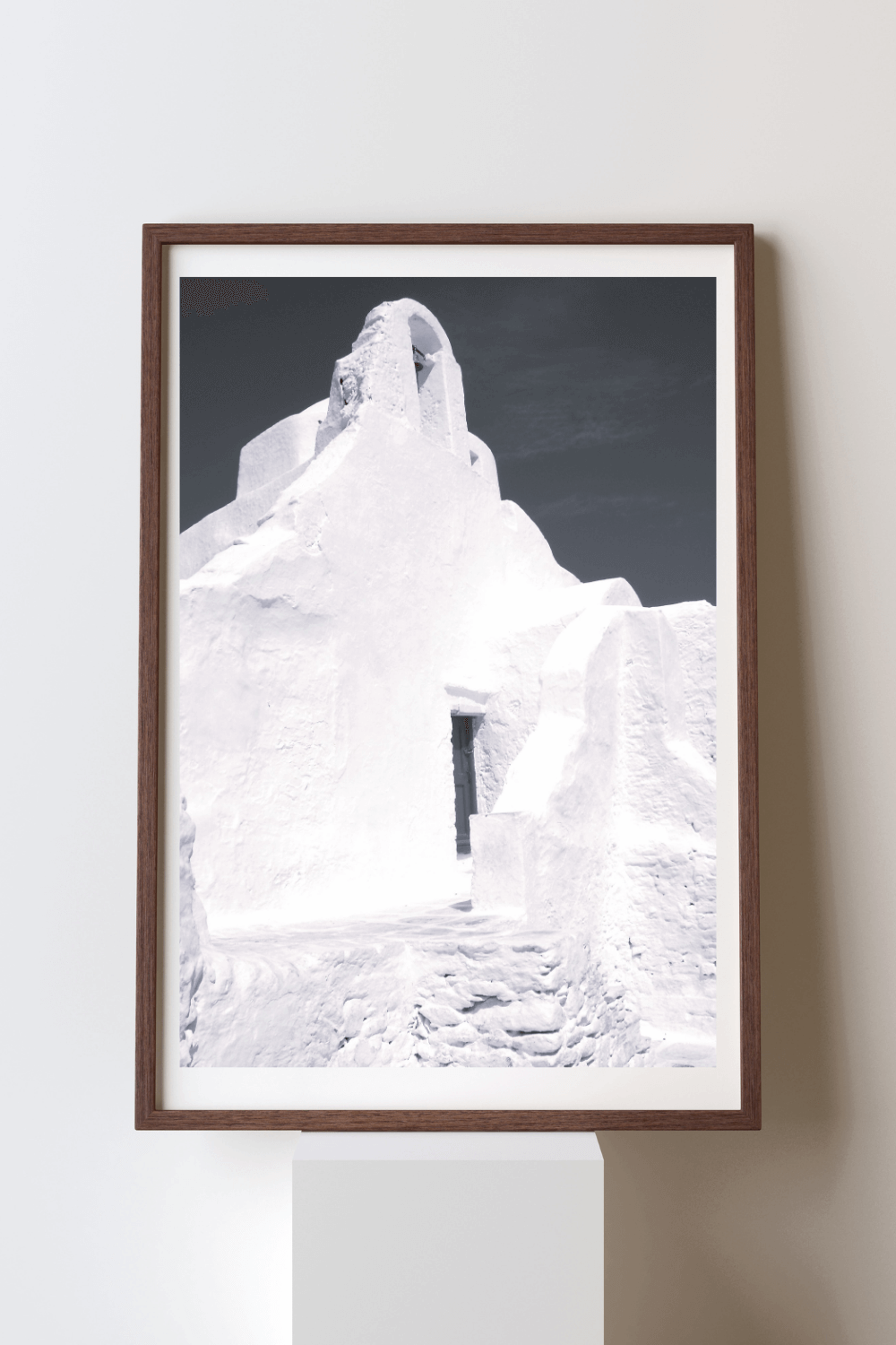Stillness in Geometry fine art travel photography black and white print featuring a whitewashed building in Mykonos, Greece