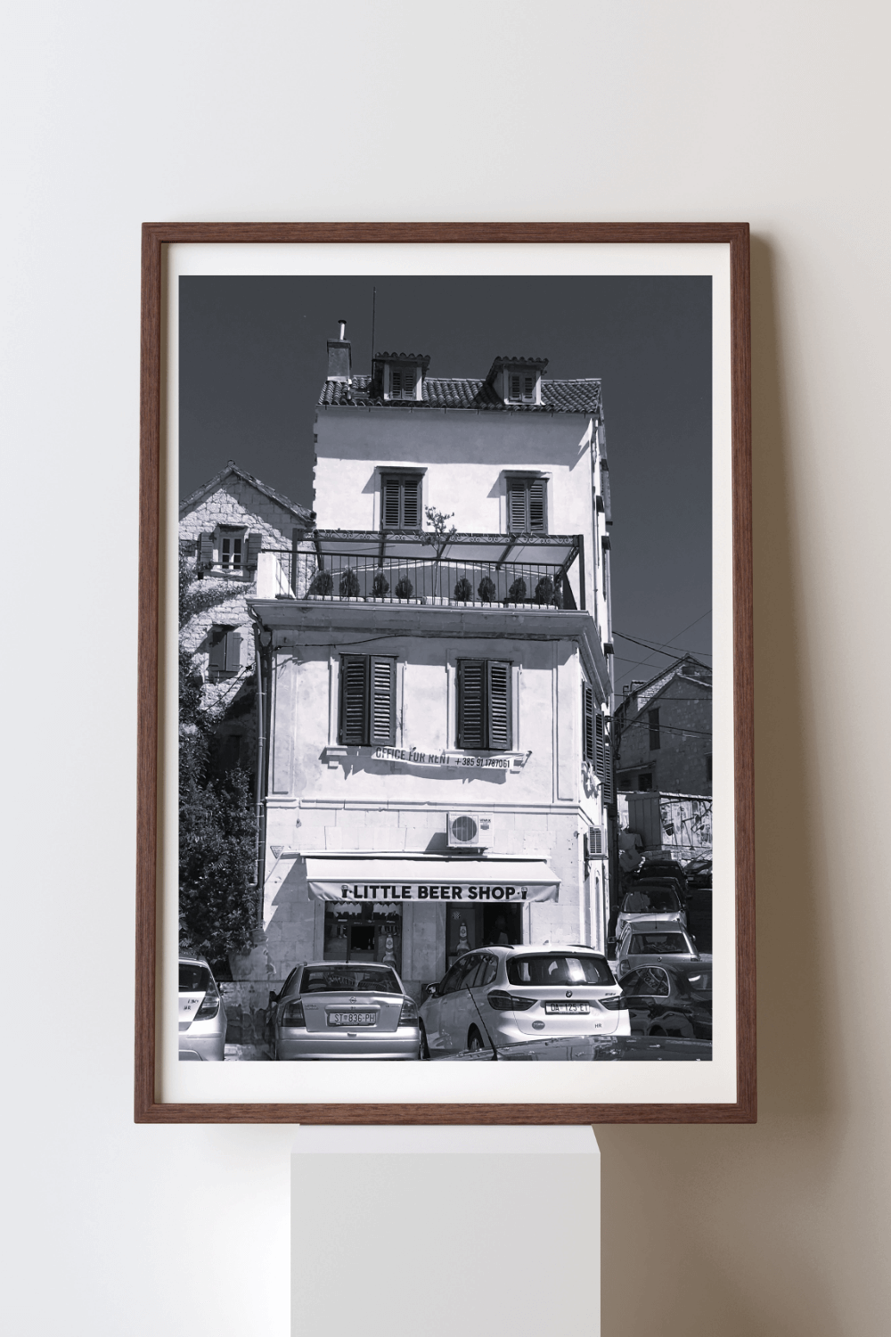 Stories on Tap fine art travel photography black and white print featuring a small bottle shop in Split, Croatia