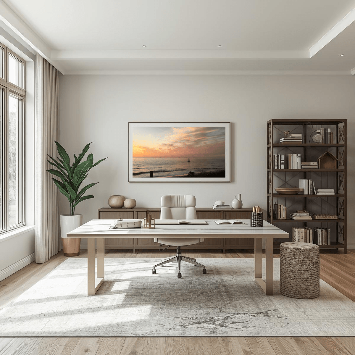 A modern home office interior featuring a large framed landscape art print of a solitary sailboat on the beach at sunset, hung on a light beige wall above a wooden desk, office chair, and rug.