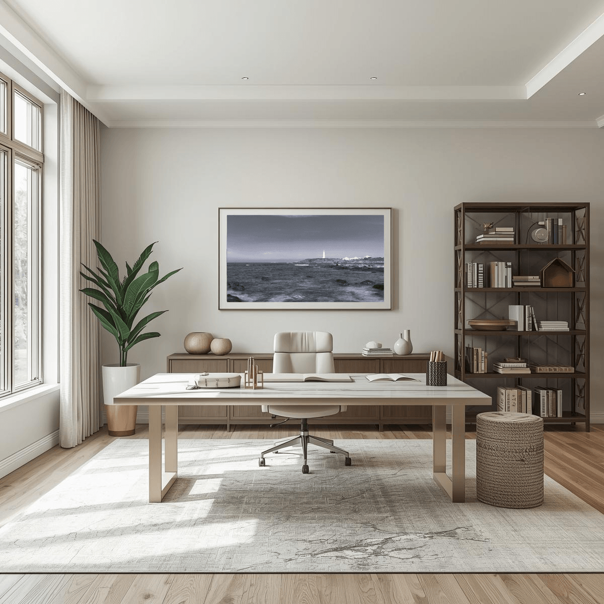 A modern home office interior featuring a light wood writing desk as the central furniture piece, styled with a white swivel chair, a large potted plant, a dark wood bookshelf, and a framed coastal print on the wall.