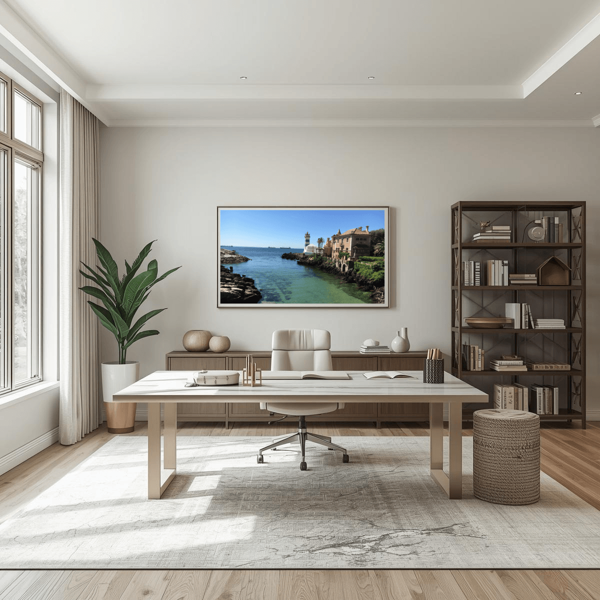 A framed coastal landscape print featuring Santa Maria Lighthouse in Cascais hangs on a light beige wall in a modern, sunlit home office. The room features a light wood desk, a white office chair, a dark wood bookshelf, and a large potted plant.