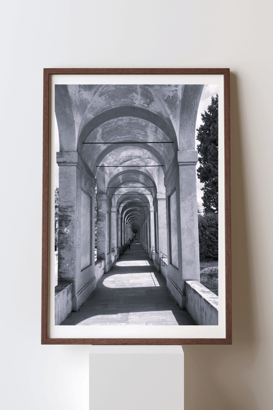 The Long Walk fine art travel photography black and white print featuring the world's longest portico in Bologna, Italy