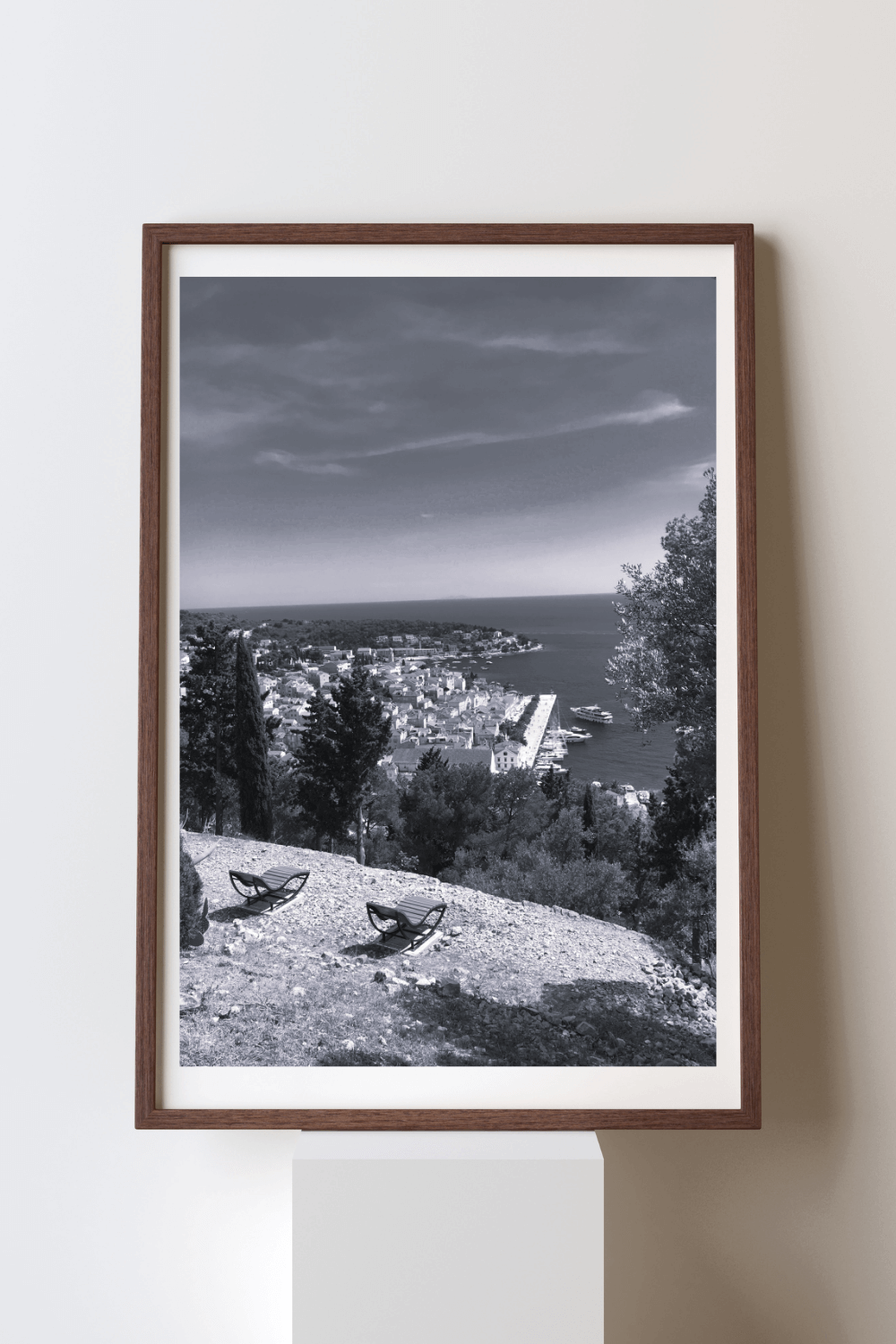The Overlook fine art travel photography black and white print featuring two lounge chairs on a cliff overlooking Dubrovnik's Old Town in Croatia
