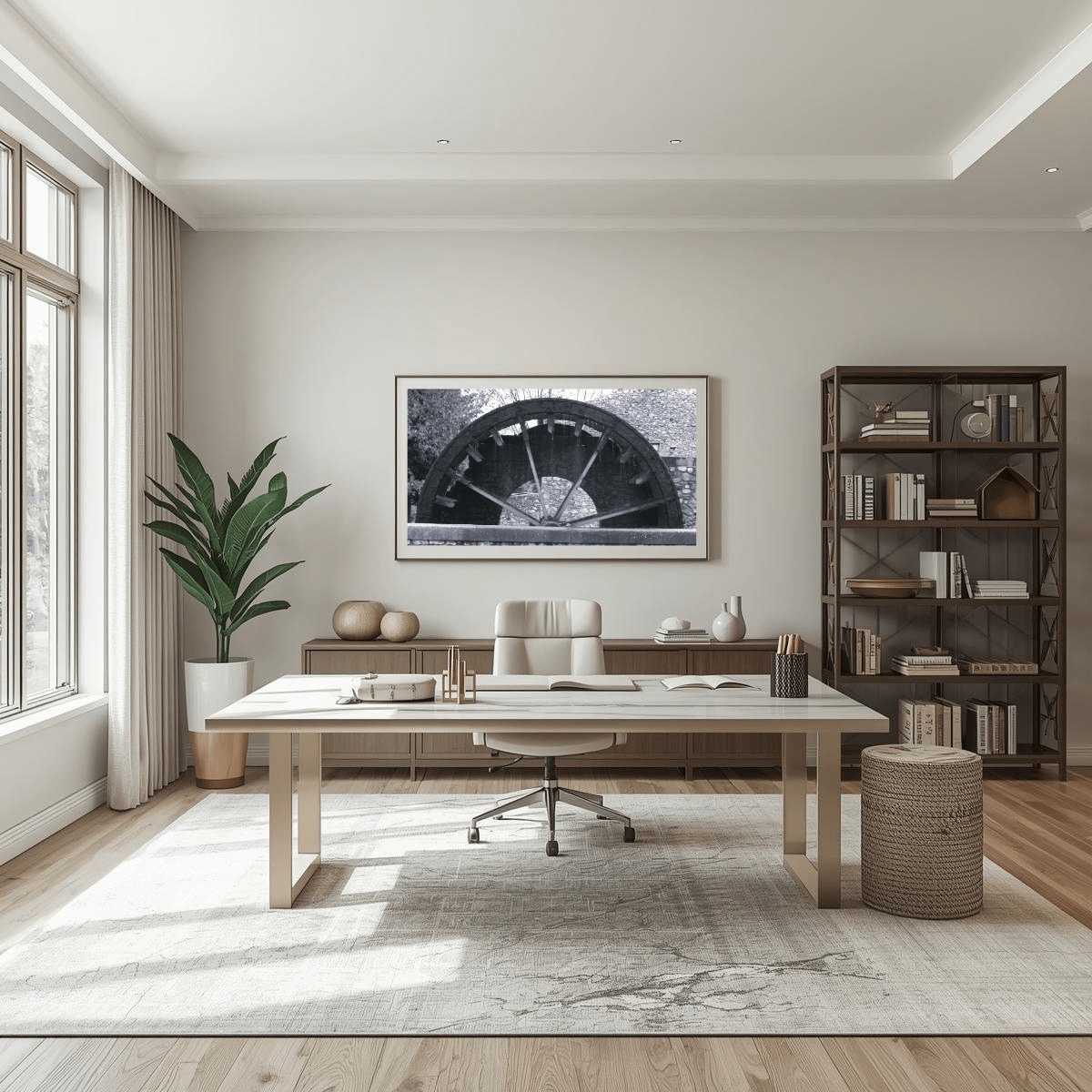 A modern home office interior featuring a light wood writing desk centered on a large white rug, with a white office chair, a dark wood shelving unit, a potted plant, and a framed black-and-white artwork on the wall depicting a rustic water wheel in a regional small village in Provence, the south of France,.